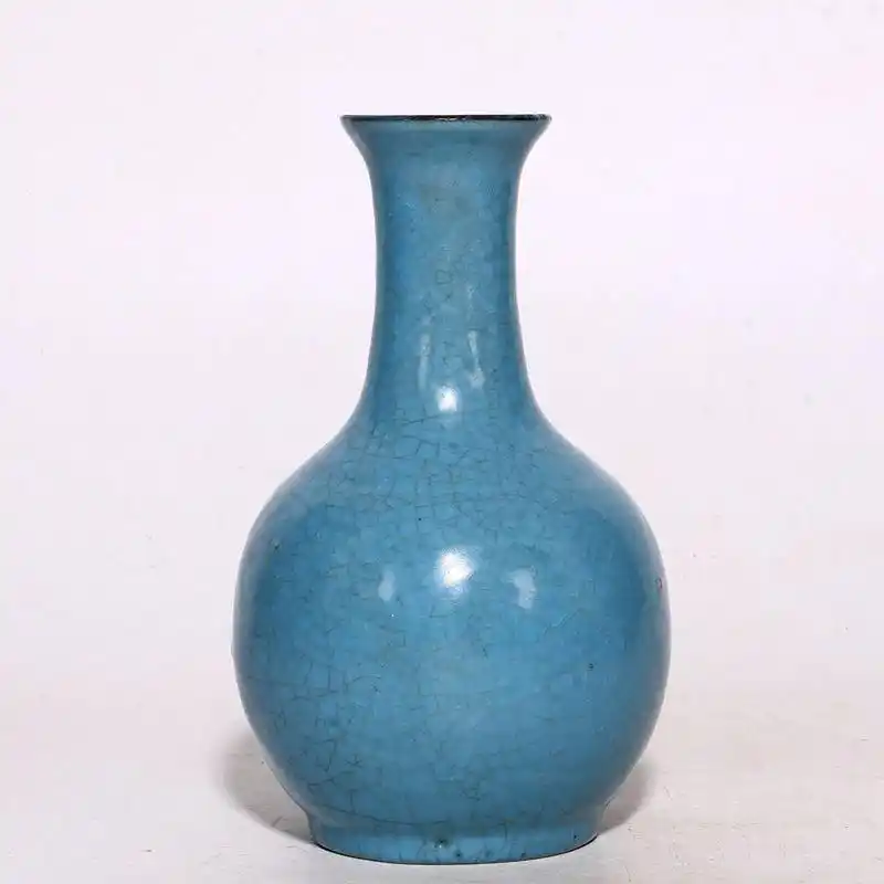 北宋宝丰天蓝釉蝉翼纹开片铭文官汝窑鹅颈赏瓶 古董 博藏级别