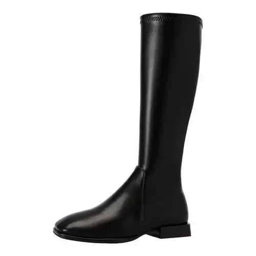 2021冬季新款方头显瘦高筒靴侧拉链弹力骑士靴女时装靴