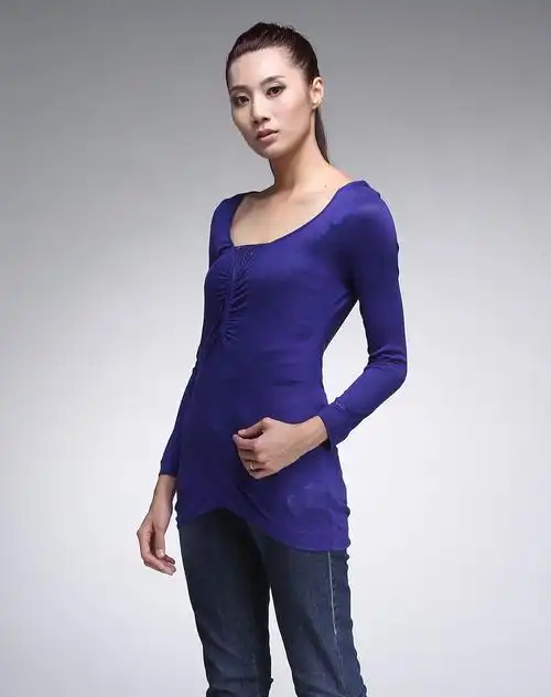 深紫蓝色修身百搭长袖t恤