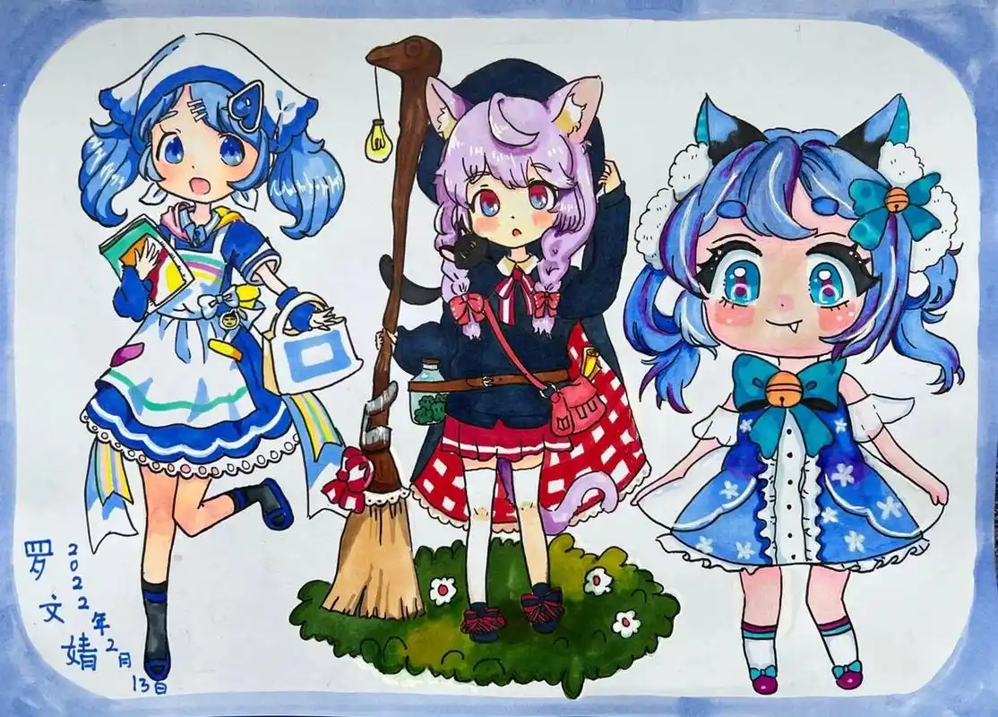 创意美术 10岁 马克笔动漫画 q版人物 练习不同头身比例的动漫作品