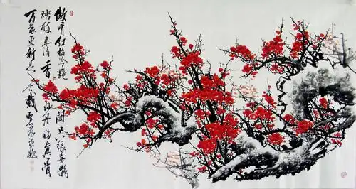 保真!西门亚石国画六尺梅花《傲骨红梅冷艳开,只缘喜鹊踏枝来.