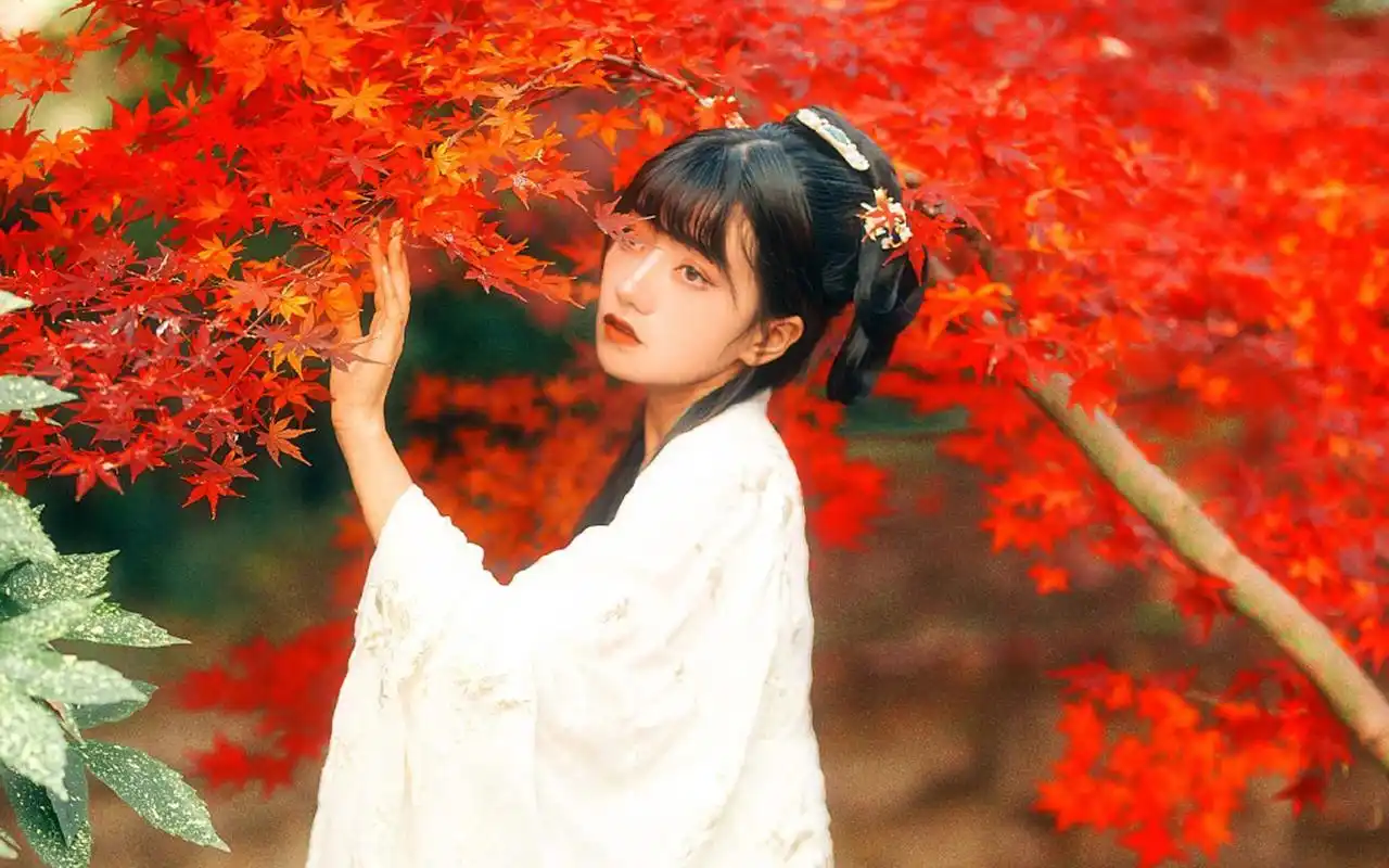 冷艳古风美女枫叶林写真图片壁纸