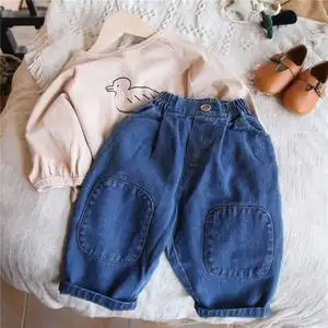 22春新款儿童膝盖补丁洋气怀旧九分牛仔裤男女童休闲韩版萝卜裤