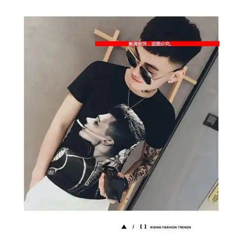 华天牧社会人紧身衣服男装短信t恤男修身潮流时尚抖音网红潮牌短袖体