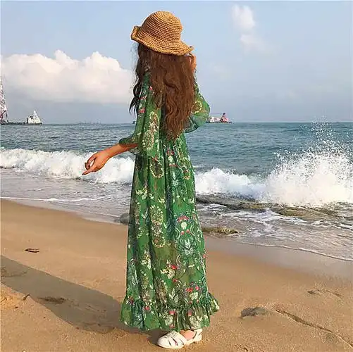 2109波西米亚v领长裙海边度假沙滩裙碎花雪纺连衣裙夏(实拍)