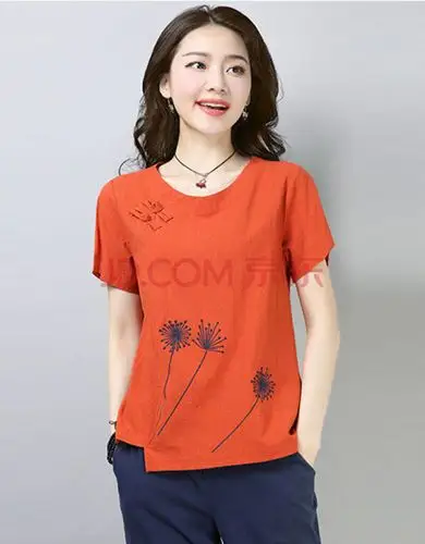 t恤女宽松短袖2020夏季新款民族风大码女装民族风上衣 桔红色 2xl