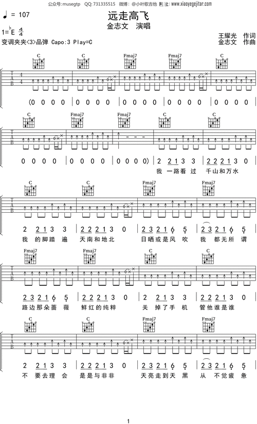 金志文《远走高飞》吉他谱c调吉他弹唱谱