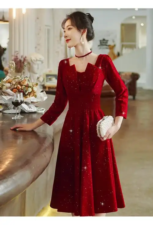 敬酒服新娘2022新款酒红色感赫本风订婚平时可穿小晚礼服裙女酒红色xs