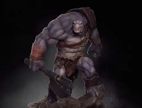 一组拿着战斧的巨魔3d渲染