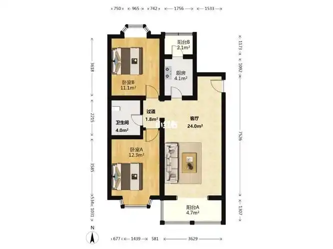 新上天鑫家园南北通透两居室户型方正84.29