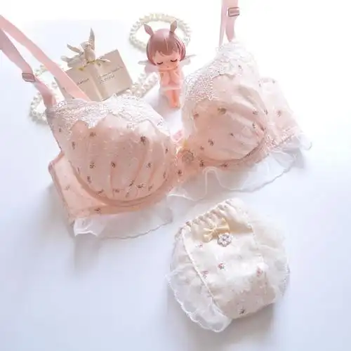 长期款日系雪纺双色刺绣薄罩杯学生少女可爱聚拢性感内衣文胸套装