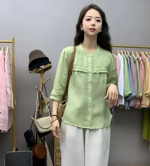 官图 文艺复古纯色苎麻上衣女士夏季七分袖休闲时尚显瘦开衫衬衣 - 17