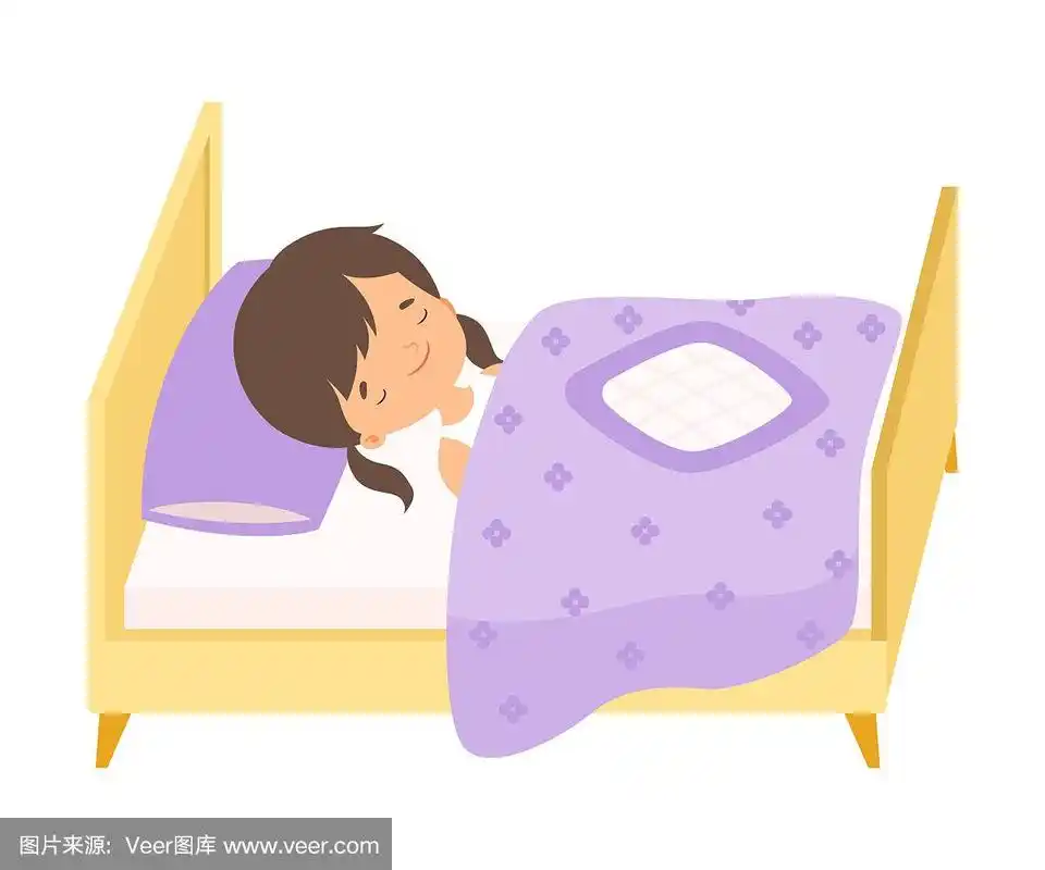 可爱的黑发小女孩睡在她的床上,在毯子矢量插图