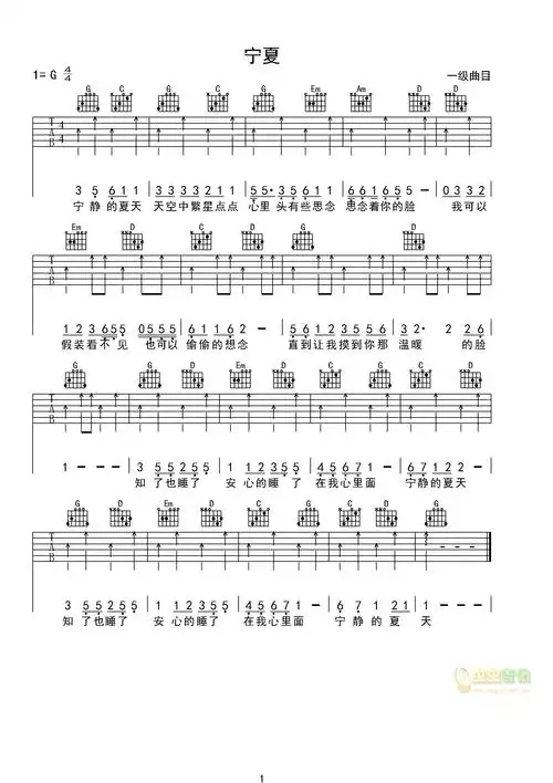 《宁夏吉他谱》_梁静茹_g调_吉他图片谱1张