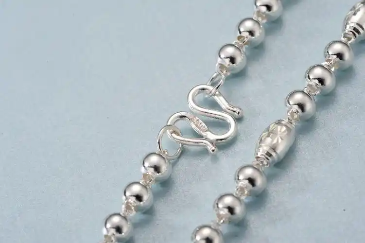 s999银圆珠项链女时尚足银珠子银链 男士白银情侣链子银饰 34克6毫米