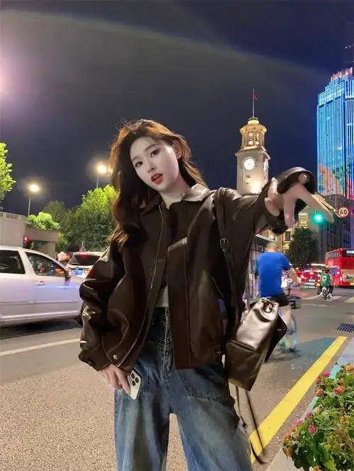 美拉德穿搭皮衣外套女春秋新款美式复古夹克机车服小个子咖色上衣