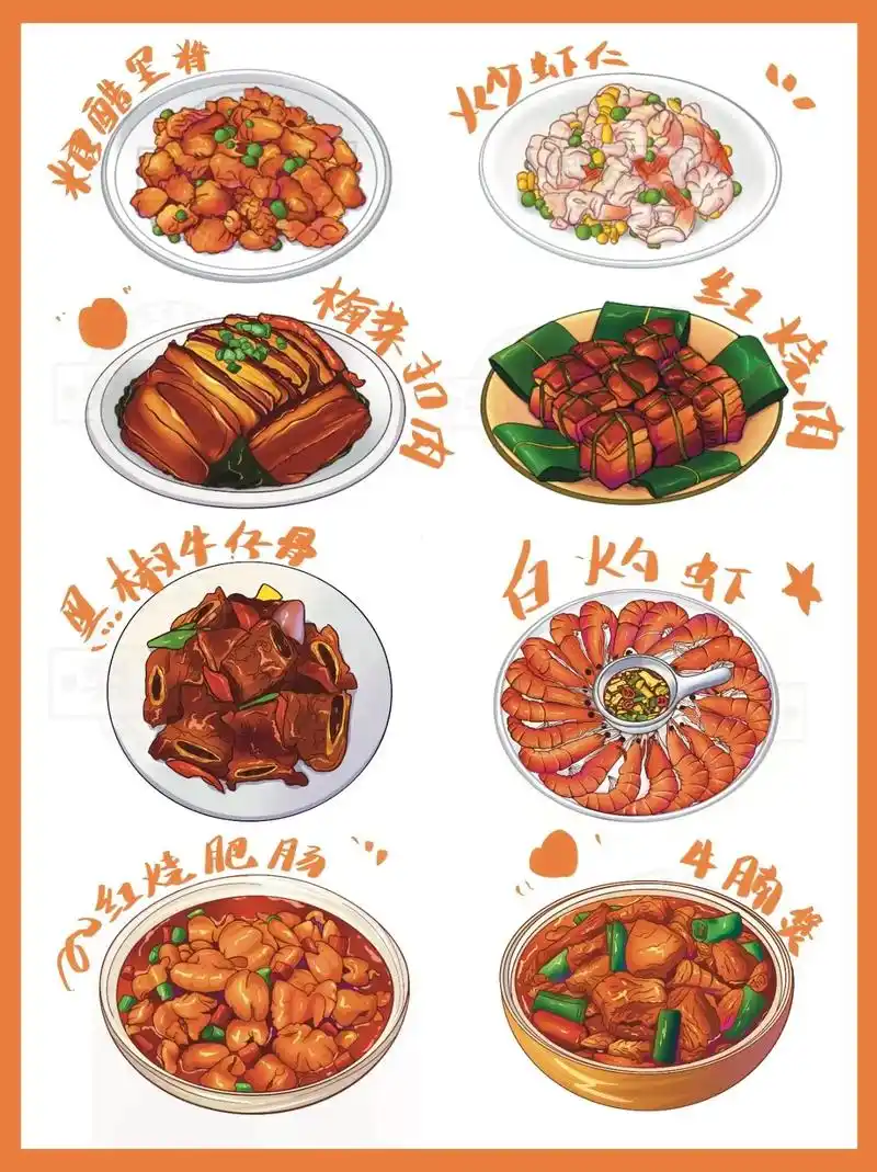 原创美食插画丨下饭家常菜合集.#梅菜扣肉 #牛腩煲 #糖醋里 - 抖音