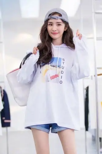 look艾特幂杨幂明星同款中长款连帽卫衣女春秋2018新款印花简约白色