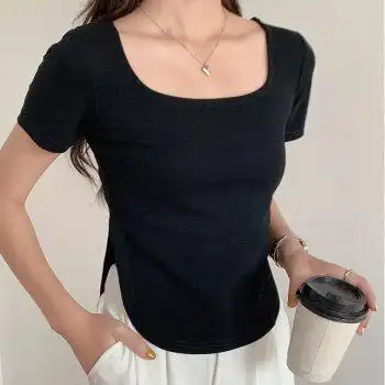 奶黄色u型下摆上衣bm甜辣修身ins纯欲风u领短款夏季紧身 方领 纯黑色