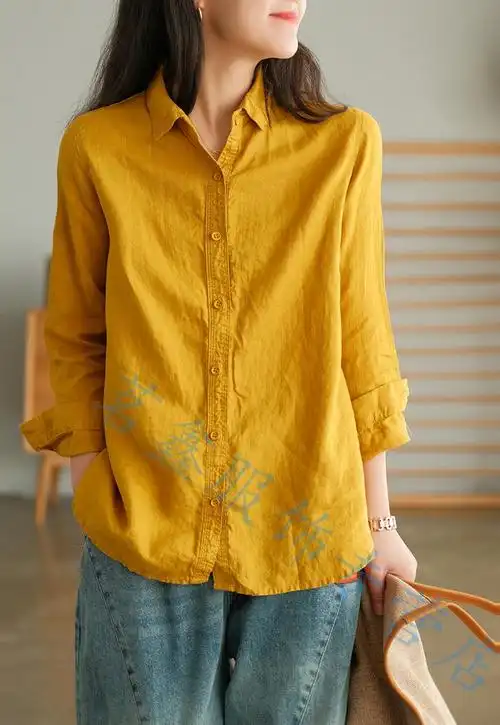 新款女士时尚麻布衣服女装款麻料女装上衣百搭女式文艺范白色衬衫女棉
