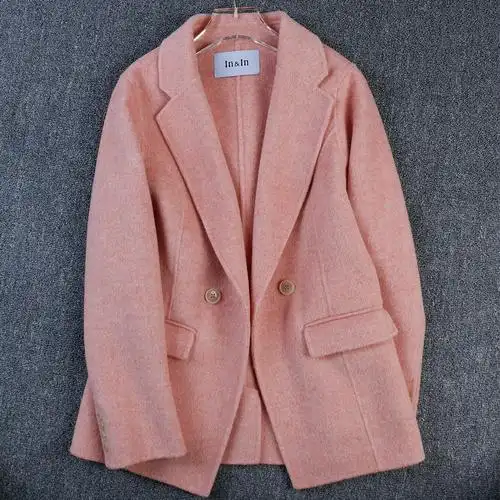 in家粉色毛呢小西装手工双面羊绒大衣修身通勤ol2019秋冬新款外套