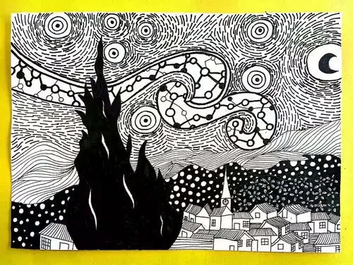 经典名画梵高的星空线描再创作