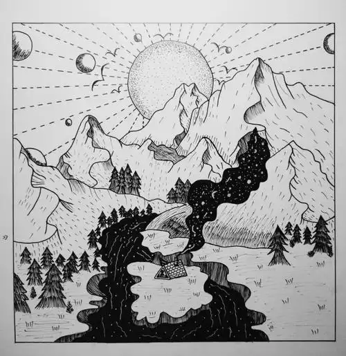 针管笔插画临摹点线面画配诗