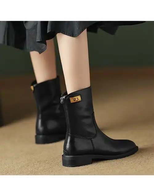 女式真皮平底单里中筒靴靴女风复古百搭秋冬单靴方头短靴中筒 卡其色