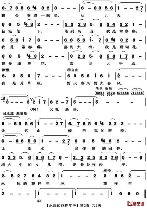 永远的花样年华简谱 王祖皆/张卓娅演唱 现代民族歌剧《野火春风斗