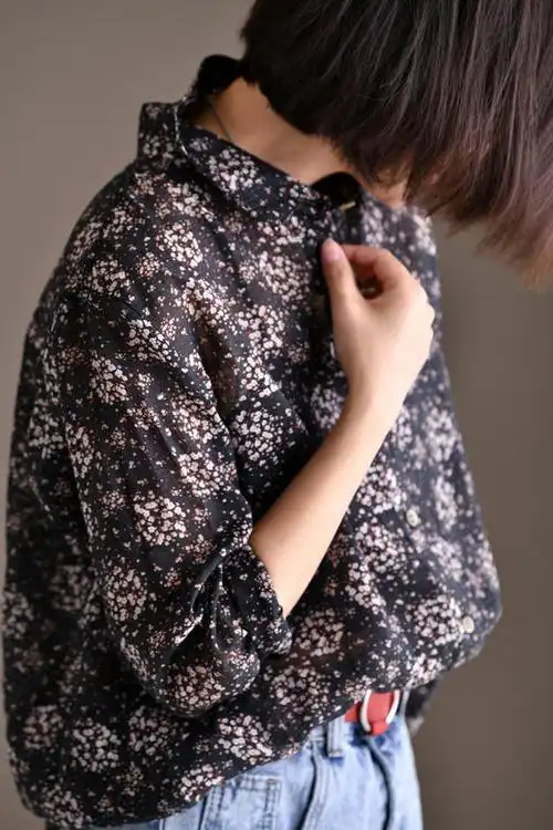 米兰宣言c5100c复古小碎花九分袖女士衬衫宽松百搭文艺春季女上衣