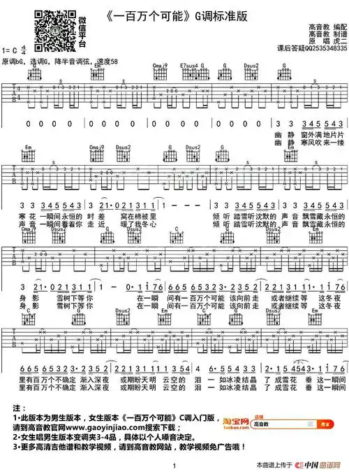一百万个可能简谱-曲谱 - 酷好简谱