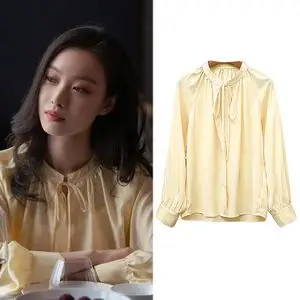 倪妮朱锁锁同款衣服黄色雪纺衬衫系带蝴蝶结上衣牛仔开叉半裙套装