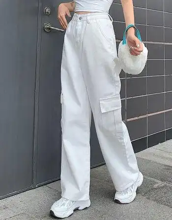 街头嘻哈高腰牛仔工装裤女宽松休闲老爹裤直筒水洗口袋拖地裤白色s