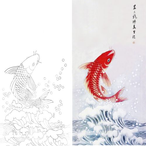 鲤鱼跳跃龙门工笔画国画打印线描画稿宣纸勾线练习打印稿白描底稿