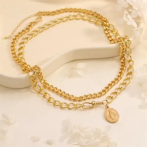 重金属朋克嘻哈风古巴链风格登山扣宗教元素椭圆吊坠个性叠戴项链