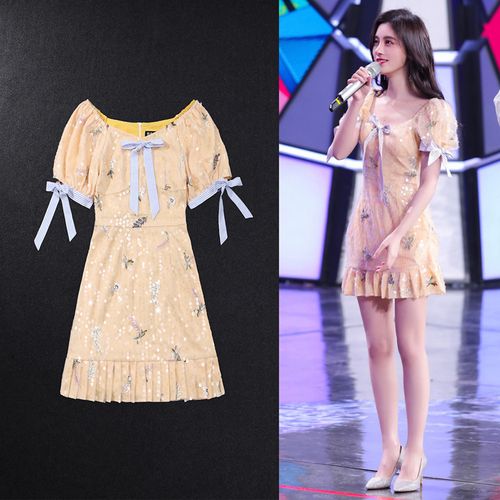 快乐大本营明星鞠婧祎同款亮片蝴蝶结洋气短款超仙连衣裙女潮