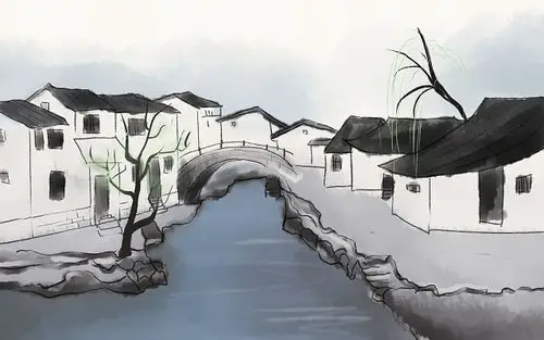 水墨江南水乡水墨风景插画背景素材