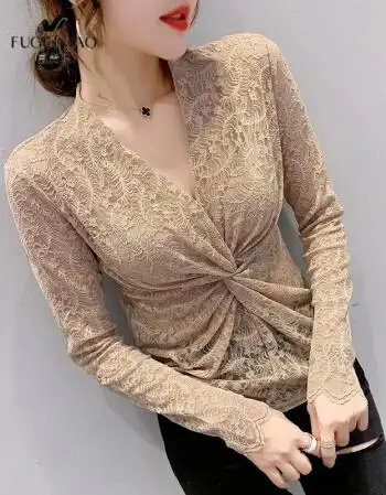 富贵鸟蕾丝打底衫性感镂空v领衫女长袖秋装新款不规则洋气上衣紧身