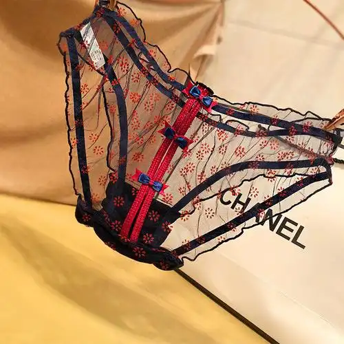 suntek2020夏新款日系性感蕾丝内裤女少女蝴蝶结镂空透视诱惑三角裤