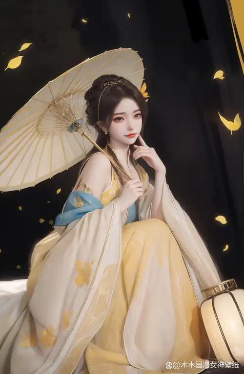 姚曦唯美壁纸  古风小姐姐,手持纸伞,轻倚门旁,黄叶纷飞间,静谧美好