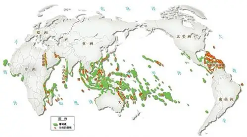 世界珊瑚礁分布示意图
