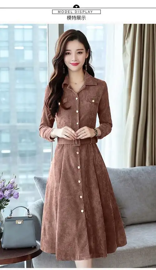 实拍2020春季新款女装休闲长袖连衣裙气质淑女韩版收腰中长款裙子