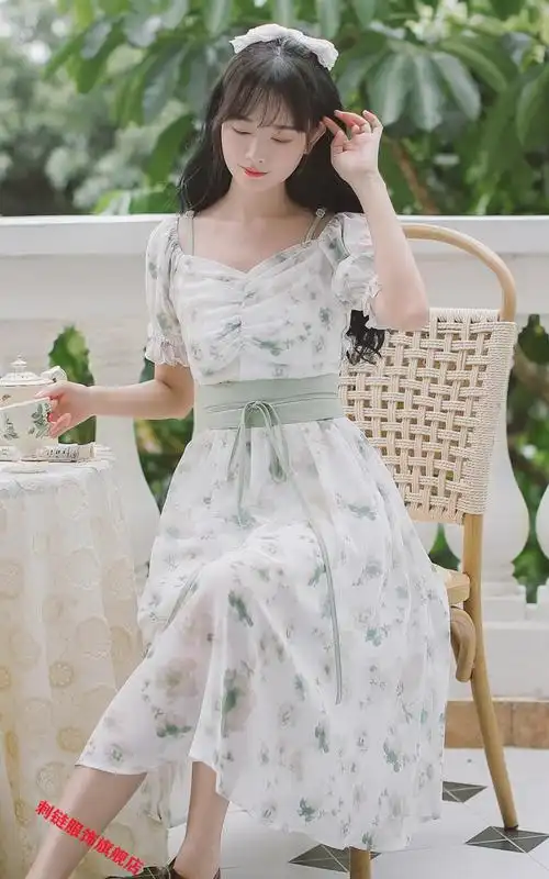 温柔风雪纺碎花慕姝连衣裙女装夏季22年新款复古茶歇桔梗裙长裙绿色l