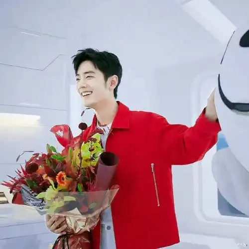 肖战红色夹克造型##肖战红夹克捧花造型