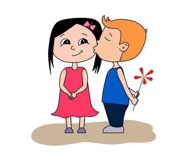 男孩和女孩接吻.可爱的小女孩和男孩亲吻情人节卡片.