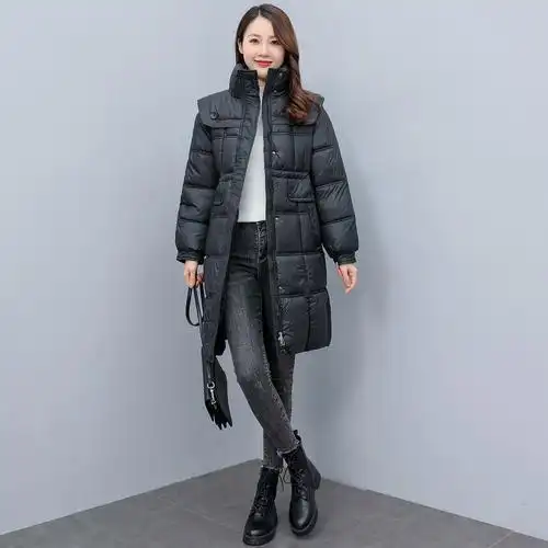 实拍2022新款女装冬季修身束腰中长羽绒服棉服女黑色显瘦立领外套