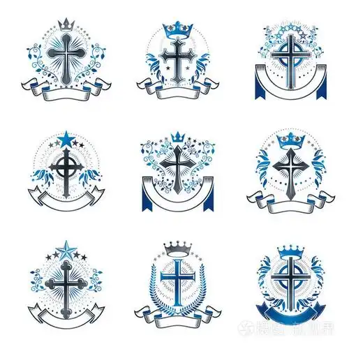 基督教的十字架标志设置.纹章徽章装饰标志孤立的矢量插图合集