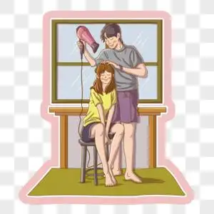 帮女友吹头发的男孩图片素材
