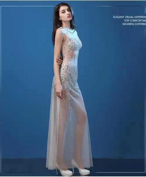 2020透视露背性感长款鱼尾包臀v领夜店透视装晚礼服长裙车模礼服