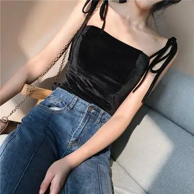 小心机露肩吊带背心女丝绒蝴蝶结绑带短款抹胸上衣